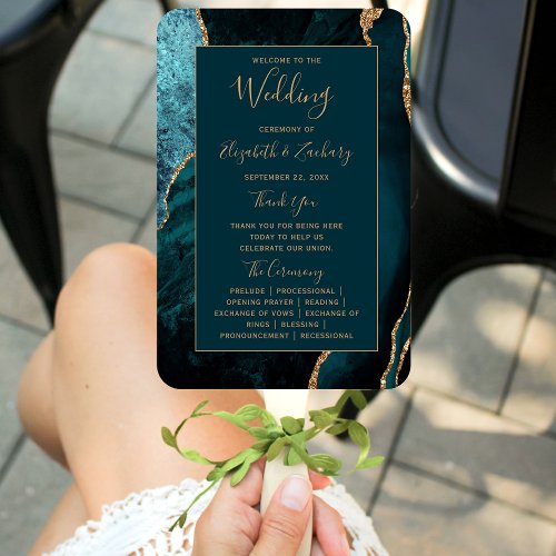 Dark Teal Gold Agate Wedding Program Hand Fan