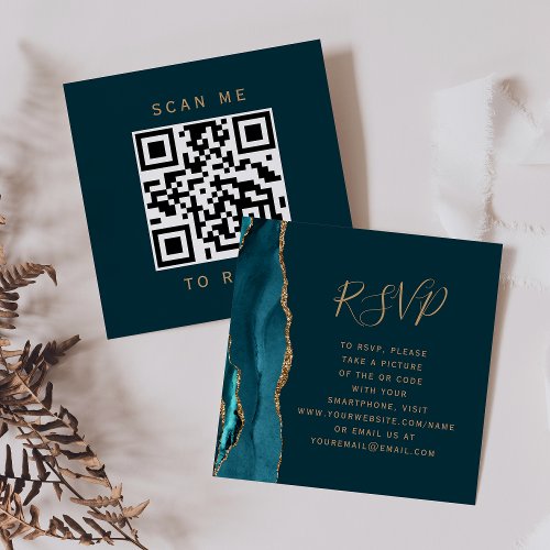 Dark Teal Gold Agate Wedding QR Code RSVP Enclosure Card