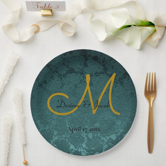 Dark Teal Gold Black Elegant Wedding Monogram Paper Plates (Wedding)