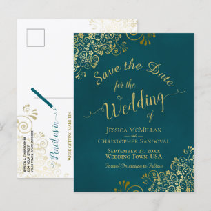 Dark Teal & Gold Calligraphy Wedding Save the Date Announcement Postcard