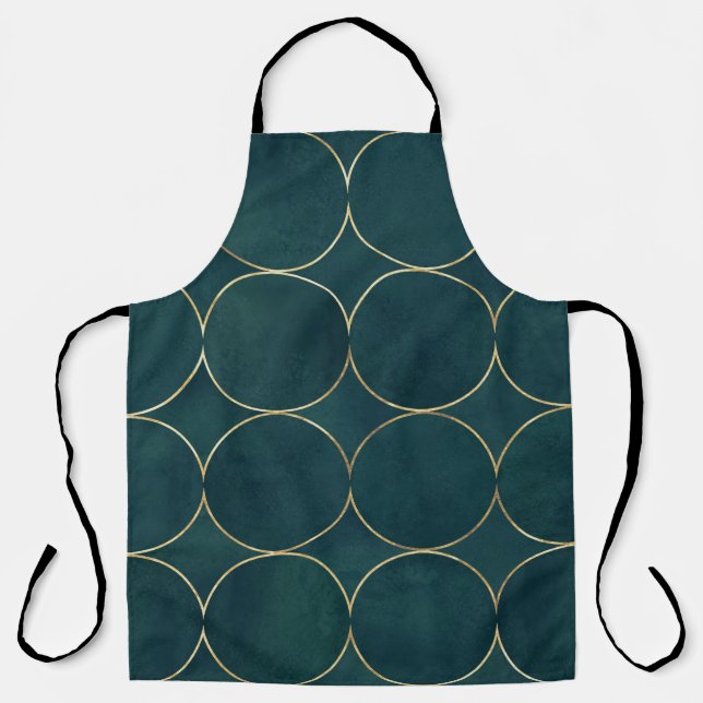 Dark Teal, Gold Circles Watercolor. Apron (Front)