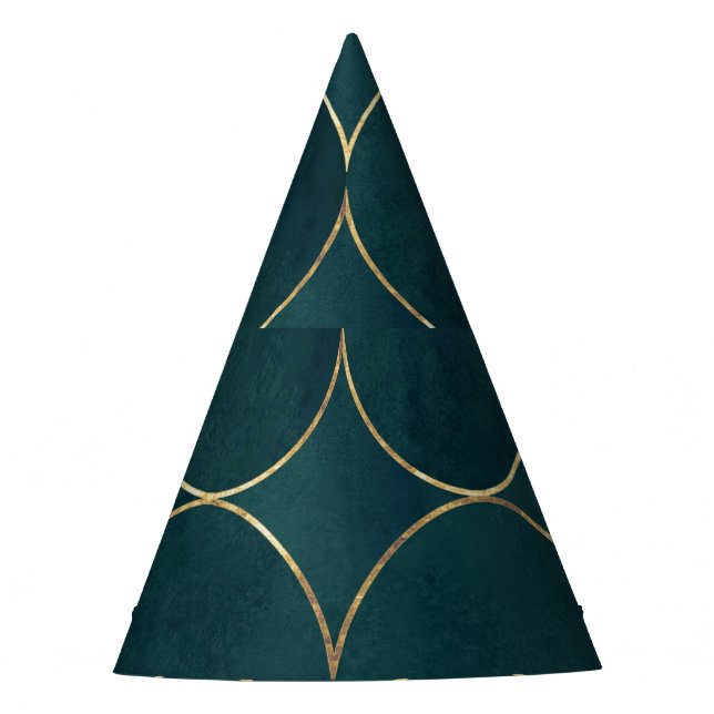 Dark Teal, Gold Circles Watercolor. Party Hat (Front)