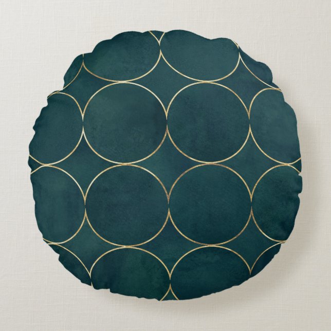 Dark Teal, Gold Circles Watercolor. Round Pillow (Front)