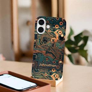 Dark Teal Gold Circuit Board Custom iPhone 16 Case