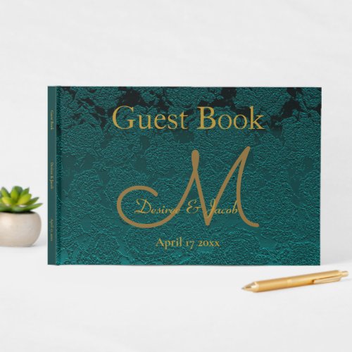 Dark Teal Gold Floral Fall Wedding Monogram Guest Book