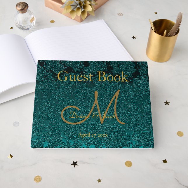Dark Teal Gold Floral Fall Wedding Monogram Guest Book (Front Open)