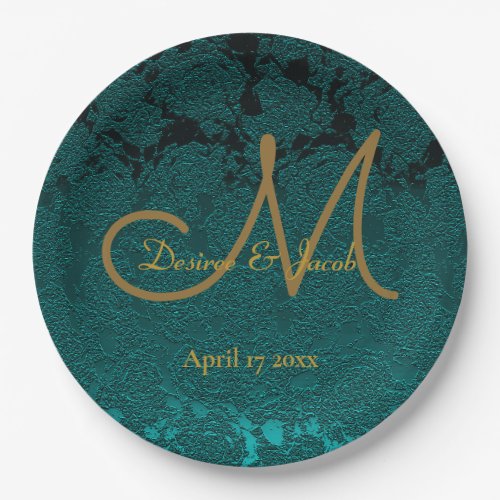 Dark Teal Gold Floral Fall Wedding Monogram Paper Plates