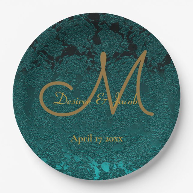 Dark Teal Gold Floral Fall Wedding Monogram Paper Plates (Front)