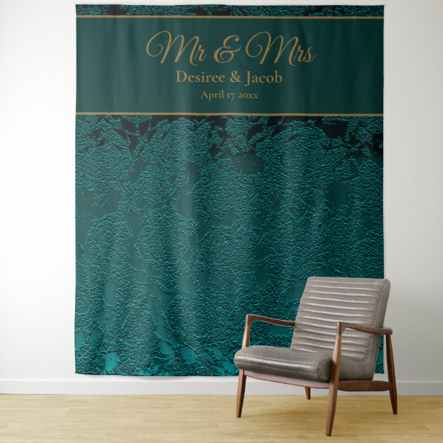 Dark Teal Gold Floral Fall Wedding Photo Backdrop (In Situ)