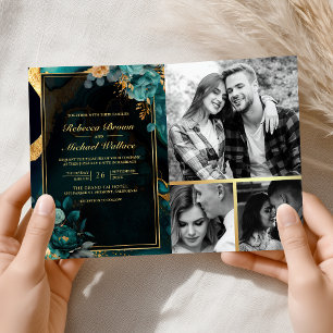 Dark Teal Gold Floral Marble QR Code Wedding Invitation