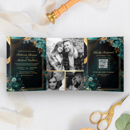 Dark Teal Gold Floral Marble QR Code Wedding Tri_Fold Invitation