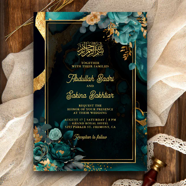 Dark Teal Gold Floral QR Code Muslim Wedding Invitation | Zazzle