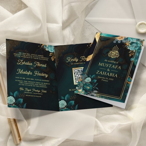 Dark Teal Gold Floral QR Code Muslim Wedding Invitation