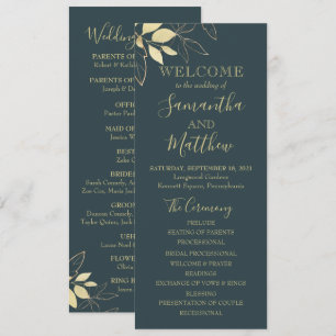 Dark Teal & Gold Foliage Botanical Wedding Program