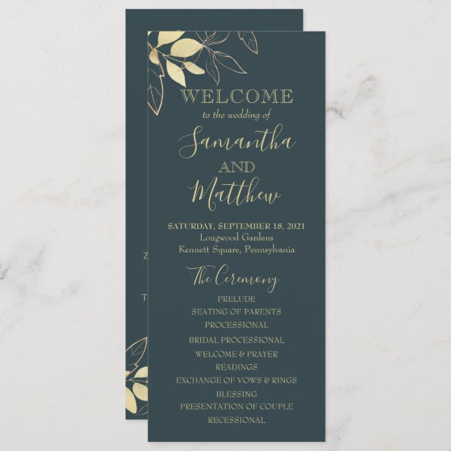 Dark Teal & Gold Foliage Botanical Wedding Program (Front/Back)