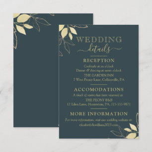Dark Teal & Gold Foliage Modern Botanical Wedding Enclosure Card