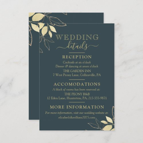 Dark Teal  Gold Foliage Modern Botanical Wedding Enclosure Card