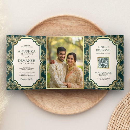 Dark Teal Gold Lace QR Code Photo Indian Wedding Tri_Fold Invitation