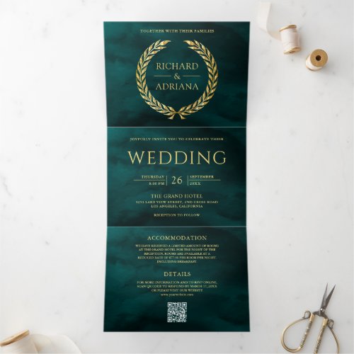 Dark Teal Gold Laurel Minimal QR Code Wedding Tri-Fold Invitation