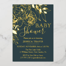 Dark Teal & Gold Modern Floral Baby Shower