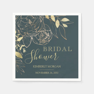 Dark Teal & Gold Modern Floral Bridal Shower Napki Napkins
