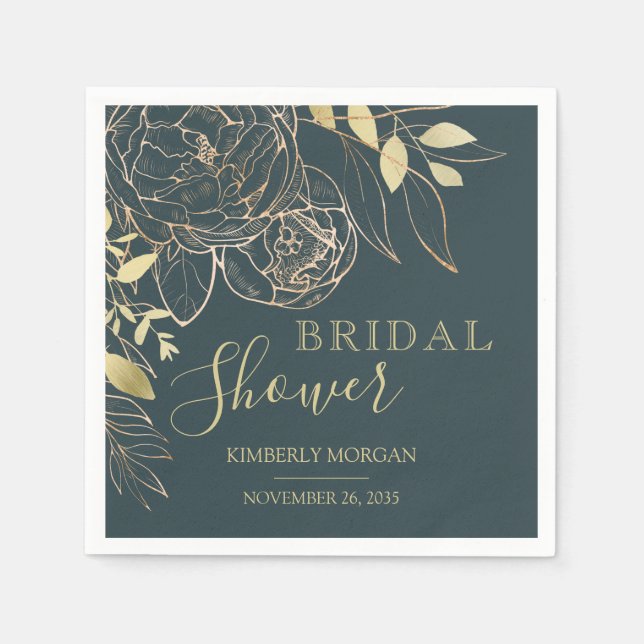 Dark Teal & Gold Modern Floral Bridal Shower Napki Napkins (Front)