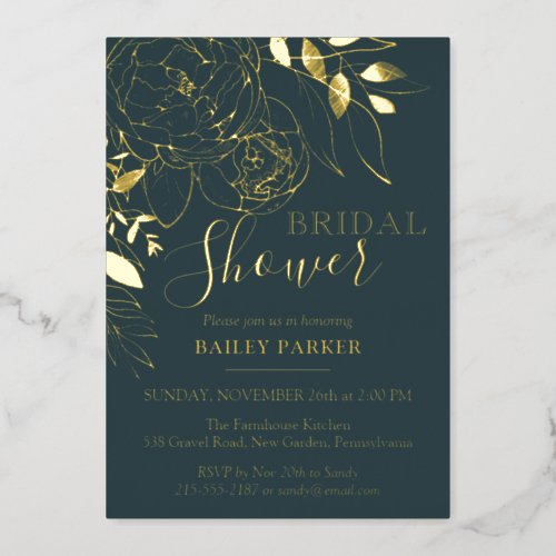 Dark Teal  Gold Modern Floral Peony Bridal Shower Foil Invitation