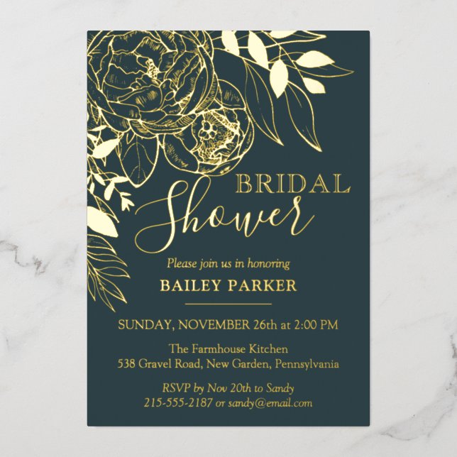Dark Teal & Gold Modern Floral Peony Bridal Shower Foil Invitation (Front)