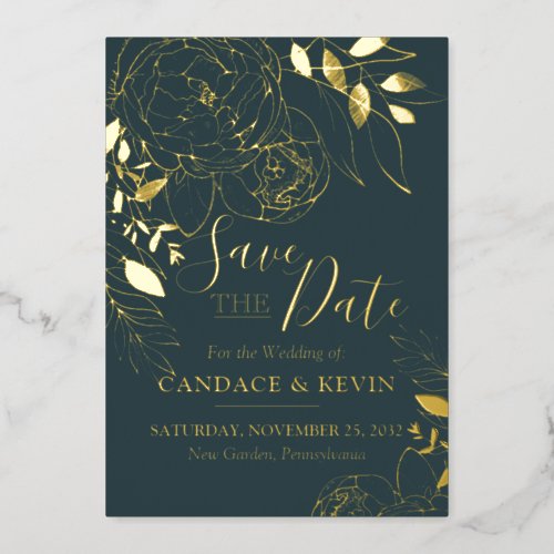 Dark Teal  Gold Modern Floral Peony Save the Date Foil Invitation