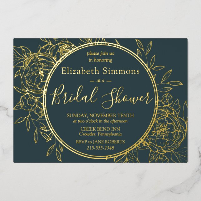 Dark Teal & Gold Modern Line Toile Bridal Shower Foil Invitation (Front)