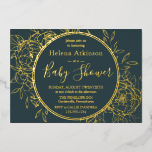 Dark Teal & Gold Modern Peony Toile Baby Shower Foil Invitation