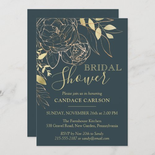 Dark Teal  Gold Peony Modern Floral Bridal Shower Invitation