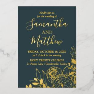 Dark Teal & Gold Peony Modern Floral Wedding Foil Invitation