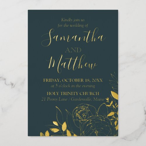 Dark Teal  Gold Peony Modern Floral Wedding Foil Invitation