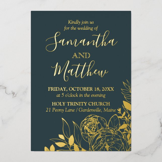 Dark Teal & Gold Peony Modern Floral Wedding Foil Invitation (Front)