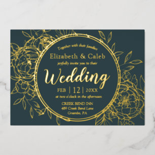 Dark Teal & Gold Peony Modern Toile Wedding Foil Invitation