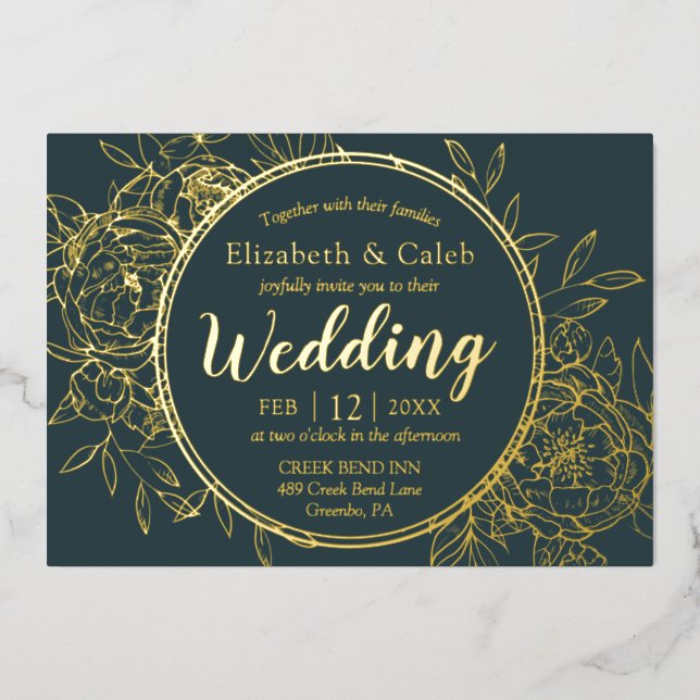 Dark Teal & Gold Peony Modern Toile Wedding Foil Invitation (Front)