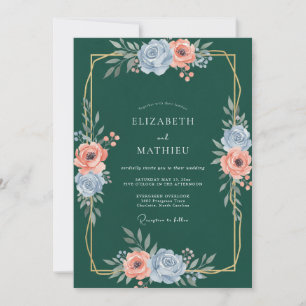 Dark Teal Gold Ranunculus Grey Eucalyptus Wedding Invitation