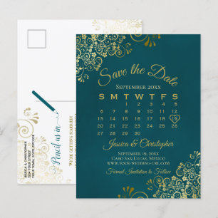 Dark Teal & Gold Wedding Save the Date Calendar Announcement Postcard