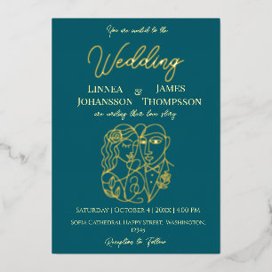 Dark Teal Golden Elegant Wedding Modern Couple Foil Invitation
