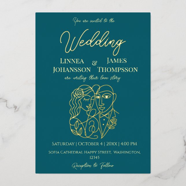 Dark Teal Golden Elegant Wedding Modern Couple Foil Invitation (Front)