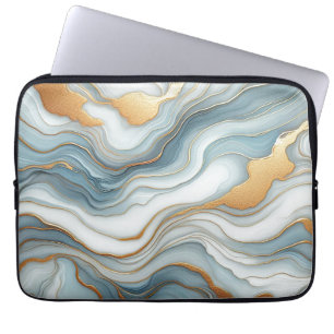 Dark Teal Gray Light Blue Gold Marble Art Pattern Laptop Sleeve