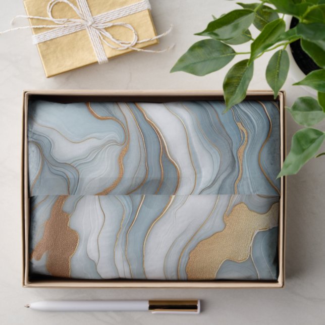 Dark Teal Gray Light Blue Gold Marble Art Pattern Tissue Paper (Gift)