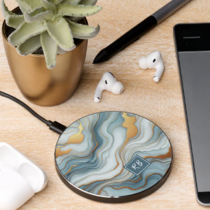 Dark Teal Gray Light Blue Gold Marble Art Pattern Wireless Charger