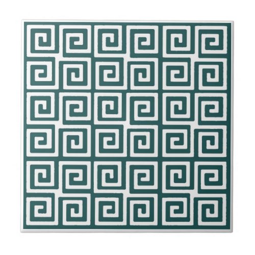 Dark Teal Green Greek Key Pattern Ceramic Tile