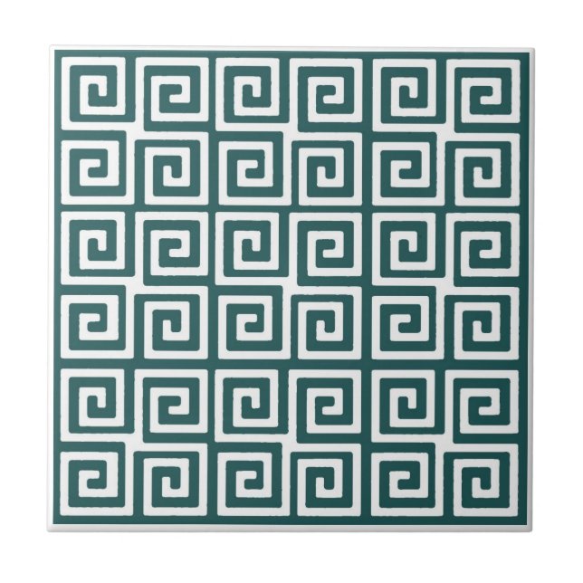 Dark Teal Green Greek Key Pattern Ceramic Tile (Front)