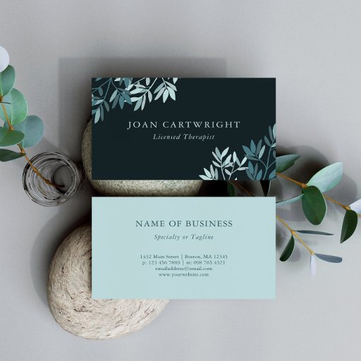 Customizable Dark Teal Greenery Leaves - Therapist Business Card