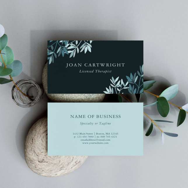 Dark Teal Greenery Leaves - Therapist Business Card (Creator Uploaded)