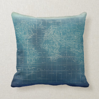 Dark Teal Grunge World Map Throw Pillow