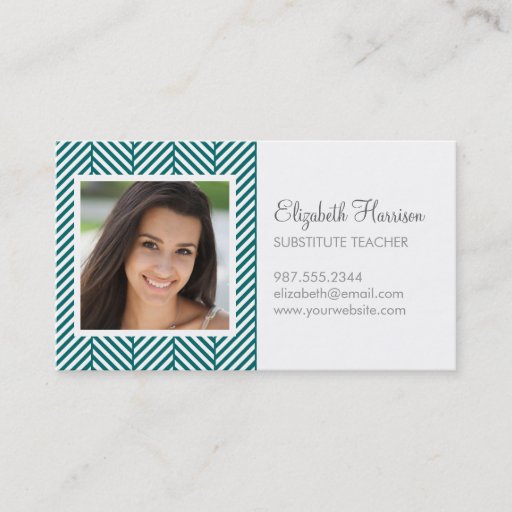 Customizable Dark Teal Herringbone Photo Business Card Templates